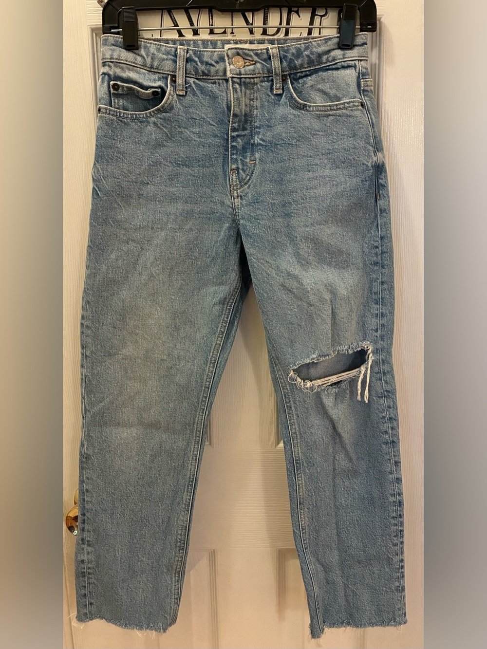 Topshop Light Wash Straight Jeans with Knee Rip and Frayed Hem